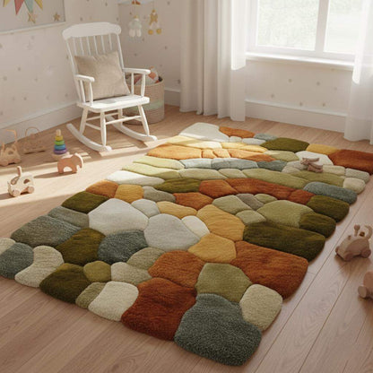 Nature Pebble Moss Rugs | 3D Stone Rug Carpet | Green Earth Tone Teppich | Hand Tufted Boho Rugs | Custom Abstract Rug | Bedroom Rugs Modern