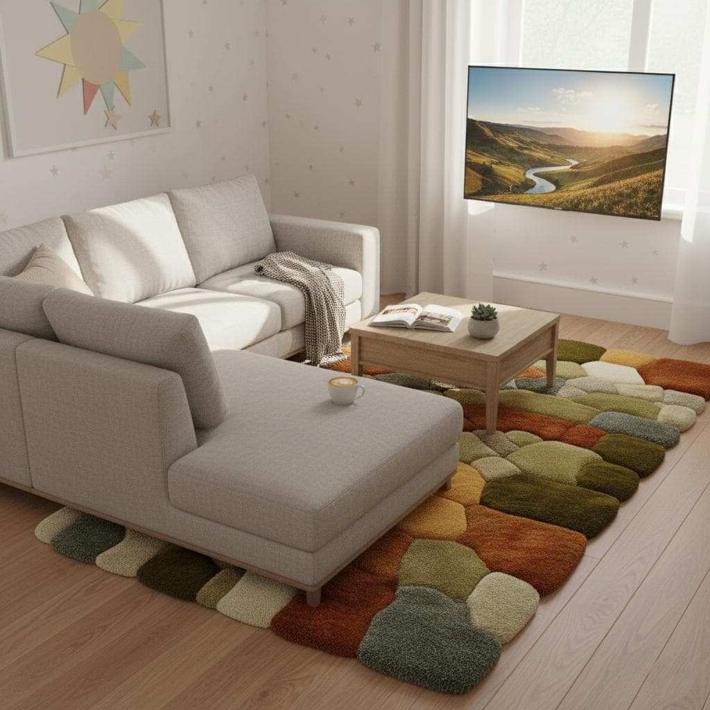 Nature Pebble Moss Rugs | 3D Stone Rug Carpet | Green Earth Tone Teppich | Hand Tufted Boho Rugs | Custom Abstract Rug | Bedroom Rugs Modern