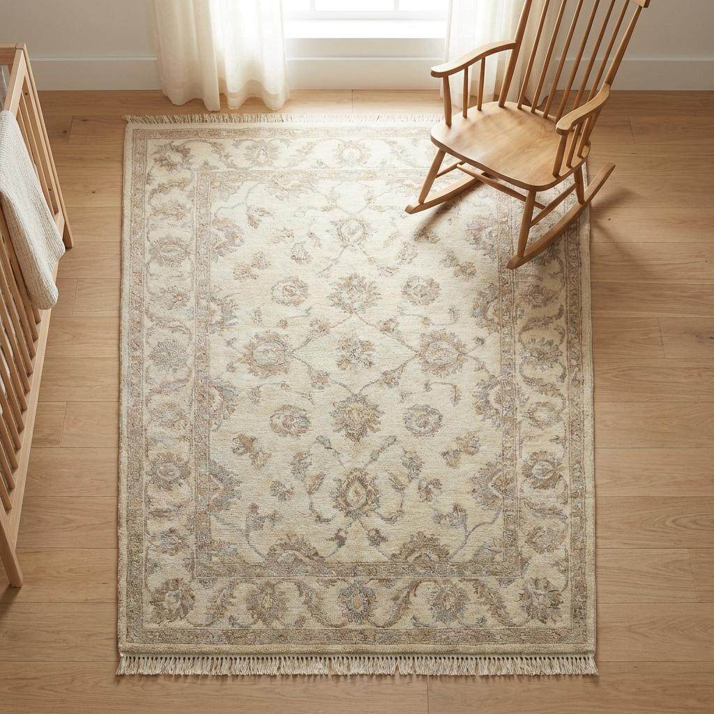Artisan hand knotted wool rug featuring classic Oushak design and warm neutral color palette