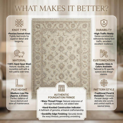 Neutral Oushak Area Rug Hand Knotted Wool Floral Living Room Rug