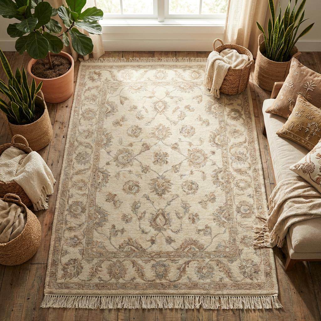 Handmade wool area rug styled with modern furniture and neutral interior décor
