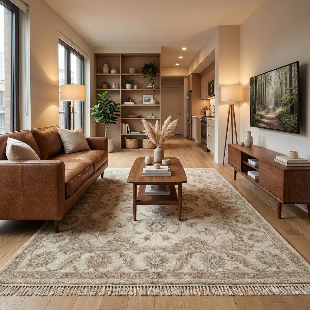 Traditional hand knotted floral rug in soft neutral tones suitable for living room or bedroom
