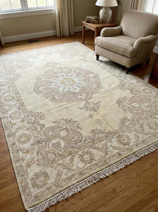 Neutral Oushak hand knotted wool rug with classic medallion design for living room and bedroom decor