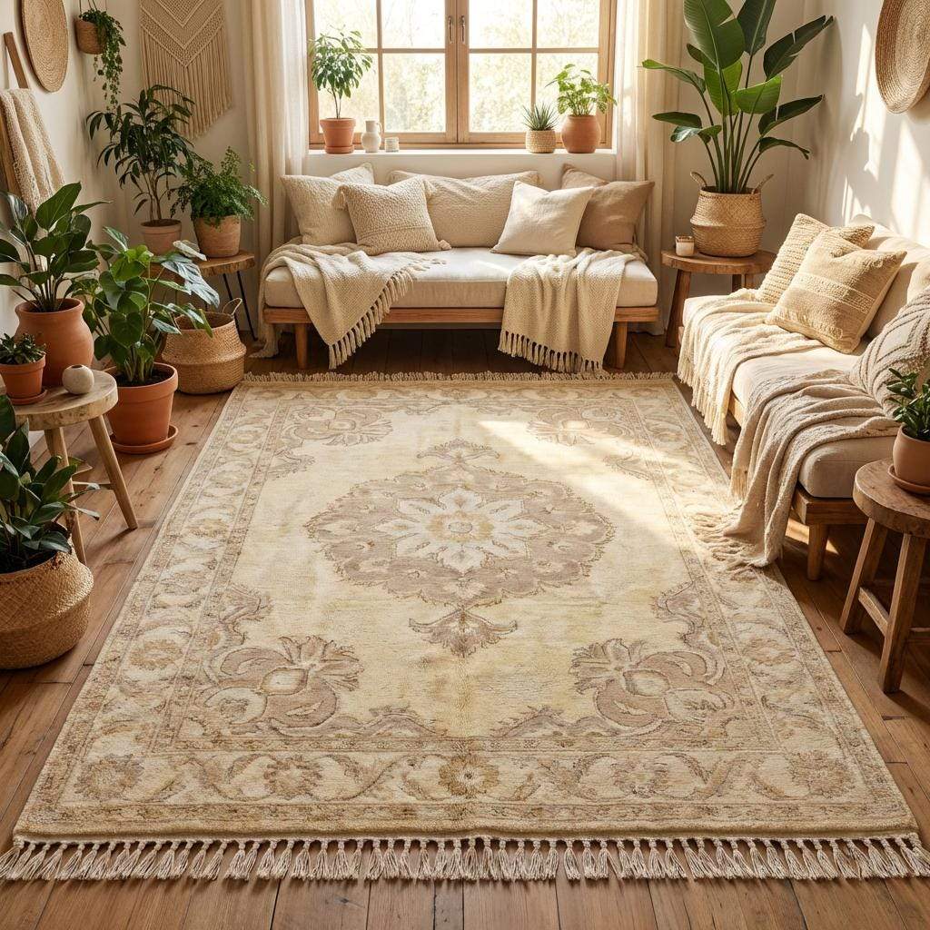 Ivory and beige Oushak style wool rug placed on hardwood floor with classic furniture