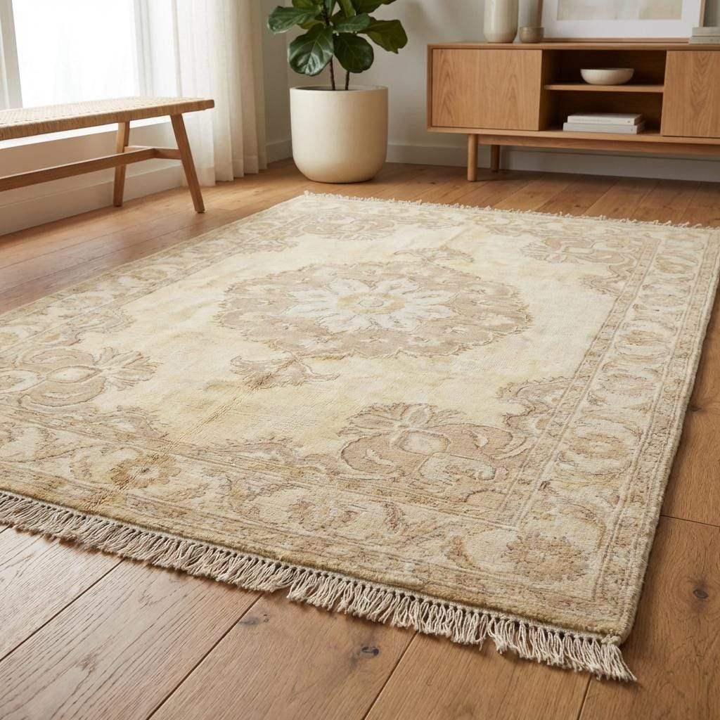Traditional hand knotted rug with subtle abrash and soft neutral color palette