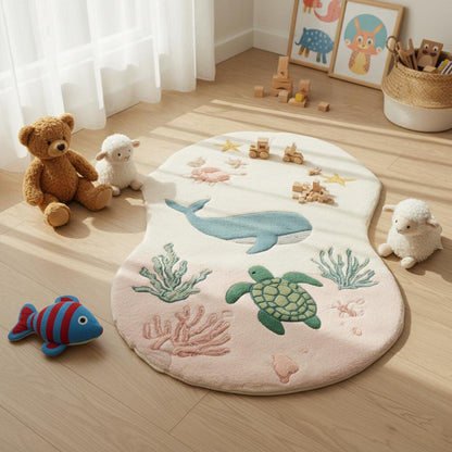 Sea life wool carpet for nursery with underwater animals, cozy and unique gift.