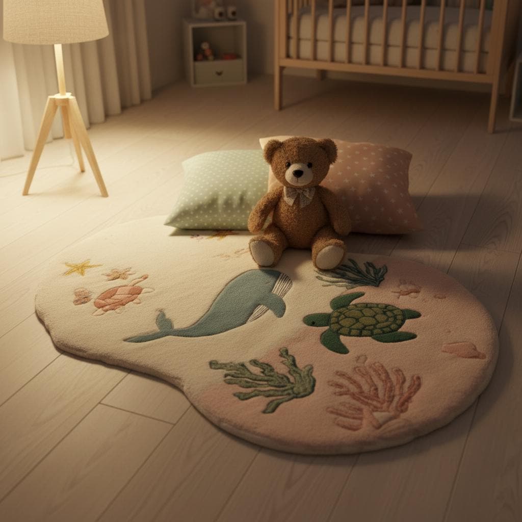 Ocean Theme Kids Rug | Sea Animal Nursery Carpet | Whale Turtle Play Mat | Handmade Tufted Wool Rug | Coastal Baby Room Decor | Montessori