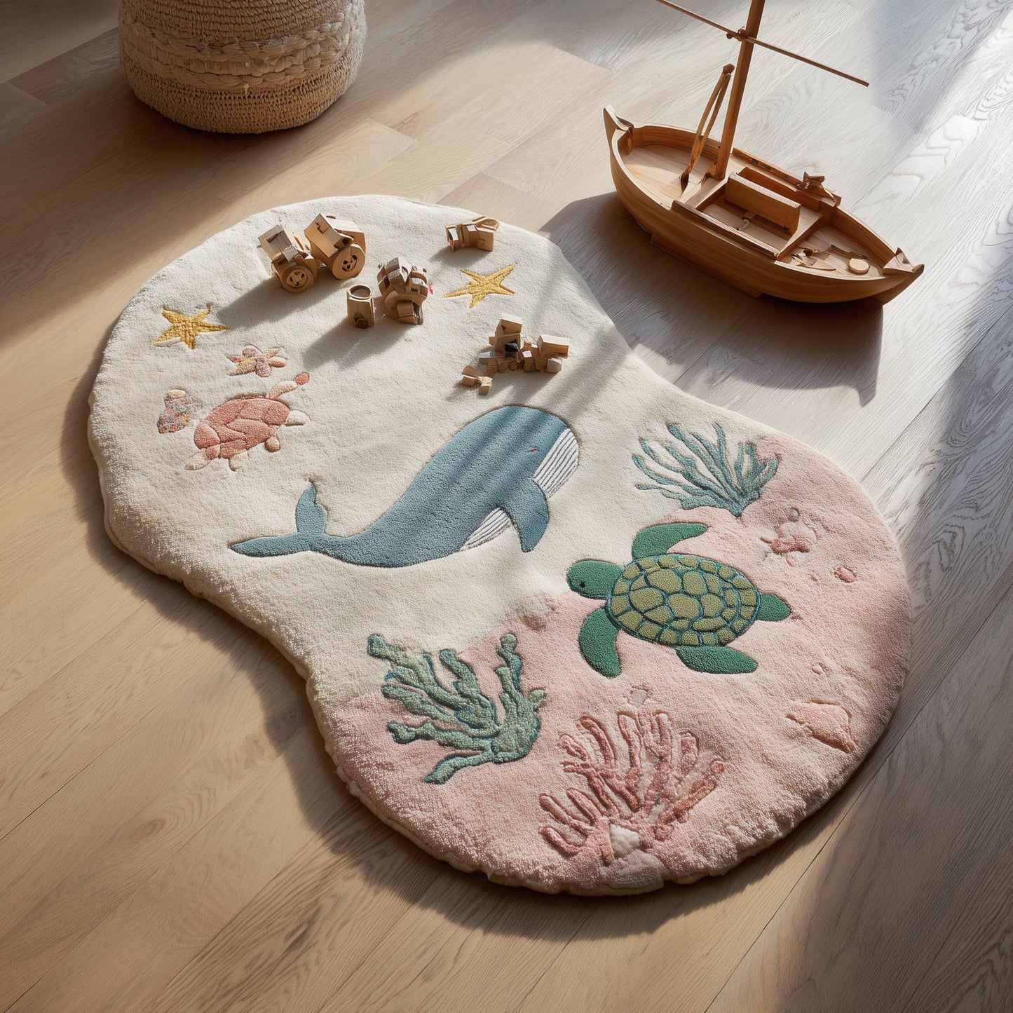 Ocean theme kids rug with whale, turtle, starfish, and coral design, hand-tufted wool nursery play mat