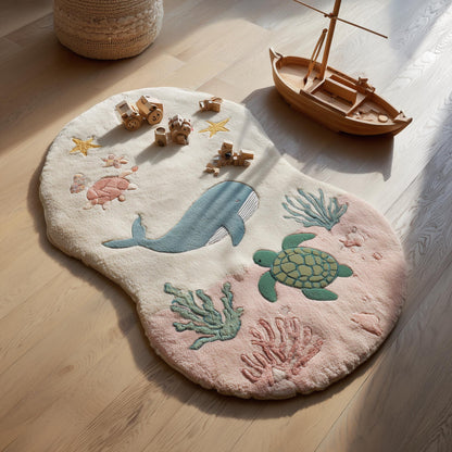 Ocean theme kids rug with whale, turtle, starfish, and coral design, hand-tufted wool nursery play mat