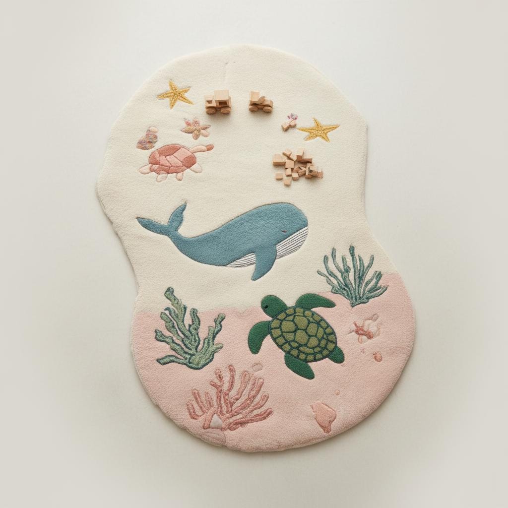 Soft ocean playroom rug featuring sea life animals for Montessori and kids’ rooms.