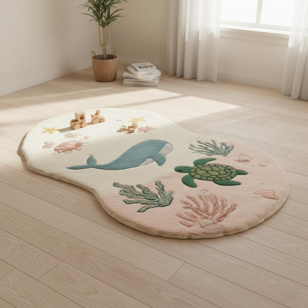 Underwater theme nursery rug with whale and turtle, perfect baby shower gift.
