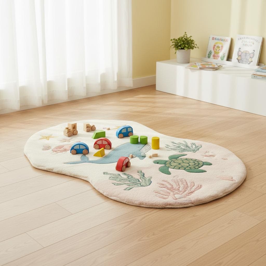 Eco-friendly wool rug for kids, hand tufted with coral reef and starfish pattern.