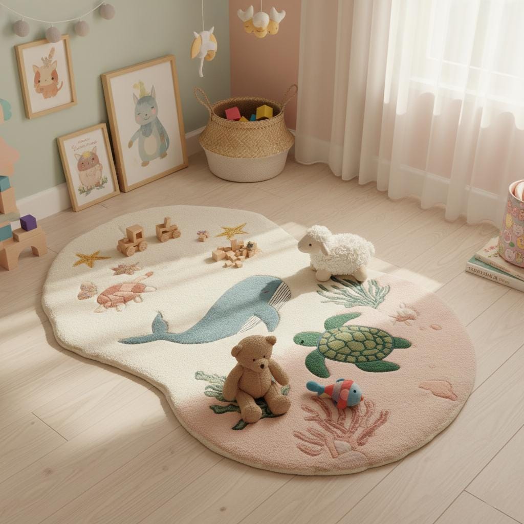 Whale and turtle floor mat for children’s playroom, ocean theme baby décor.