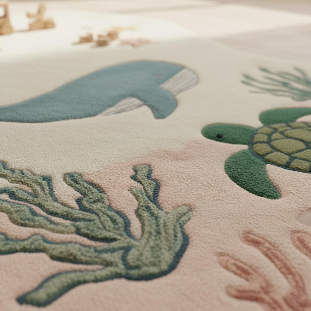Ocean Theme Kids Rug | Sea Animal Nursery Carpet | Whale Turtle Play Mat | Handmade Tufted Wool Rug | Coastal Baby Room Decor | Montessori