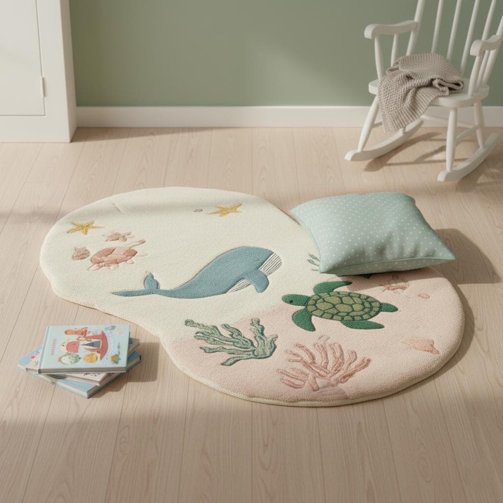 Ocean Theme Kids Rug | Sea Animal Nursery Carpet | Whale Turtle Play Mat | Handmade Tufted Wool Rug | Coastal Baby Room Decor | Montessori