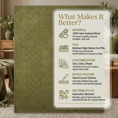 Olive Green Area Rug Modern Geometric Patchwork Rug Soft Textured Minimalist Living Room Carpet Scandinavian Japandi Home Decor