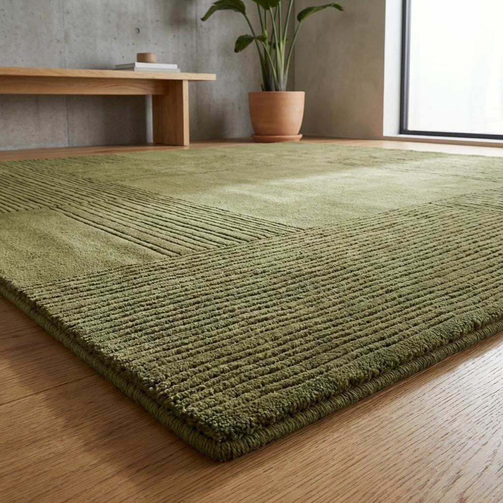 Close up of olive green textured area rug showing ribbed linear pattern and soft plush fibers in geometric square design