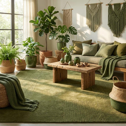 Modern olive green living room rug styled under accent chair in Scandinavian inspired interior with neutral walls and wood floors