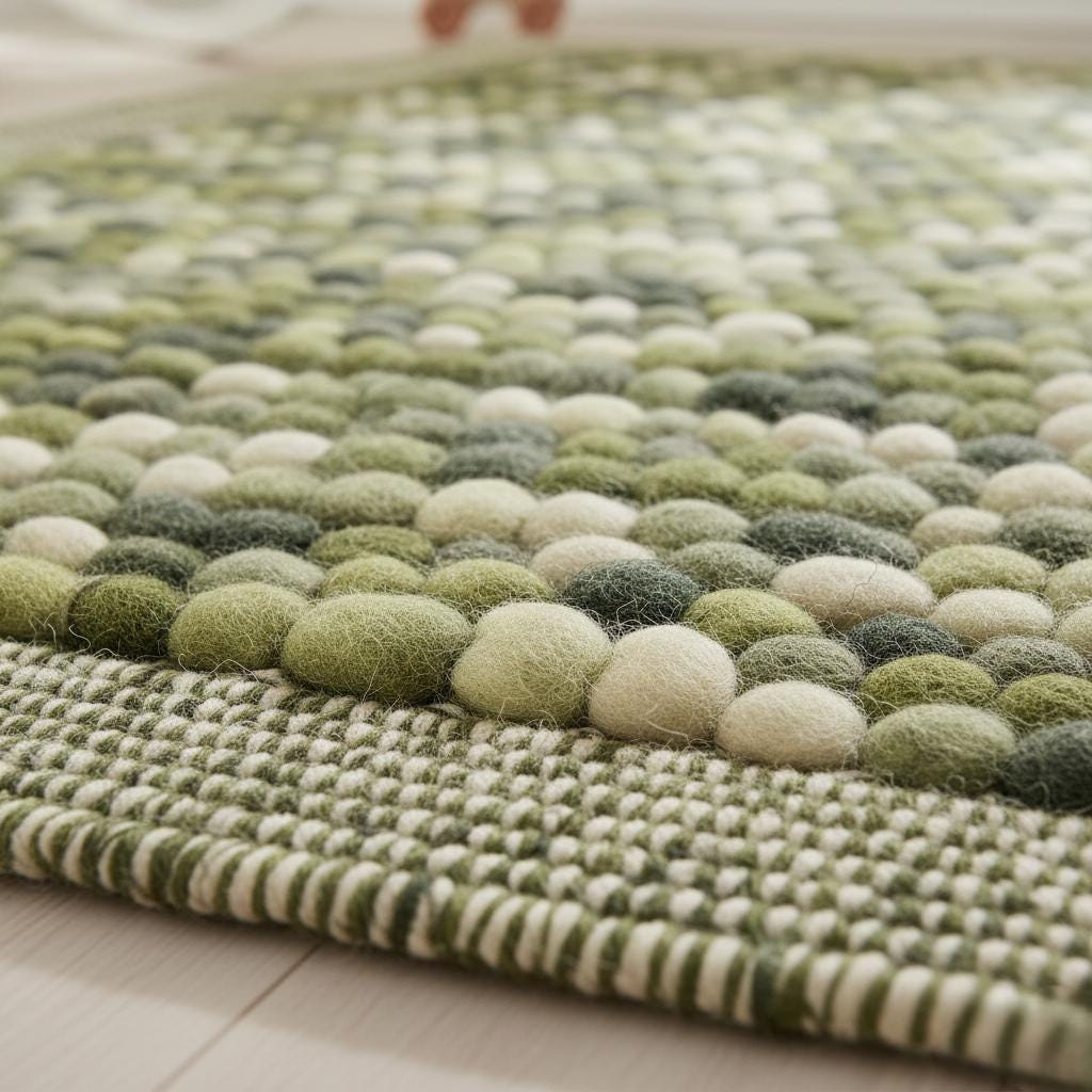 Olive Green Felt Ball Rug – Chunky Wool, Boho Home Decor