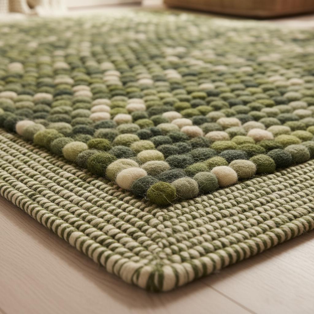 Olive Green Felt Ball Rug – Chunky Wool, Boho Home Decor