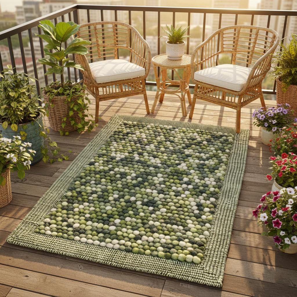 Close-up of felted wool ball rug handmade – olive green balls with cream accents, plush texture.