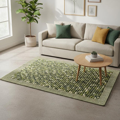 Olive green wool ball runner rug handcrafted for hallway or bedroom, natural wool material.