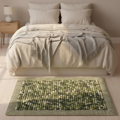 Chunky felted wool rug handcrafted – olive and cream colours, eco friendly home décor piece.