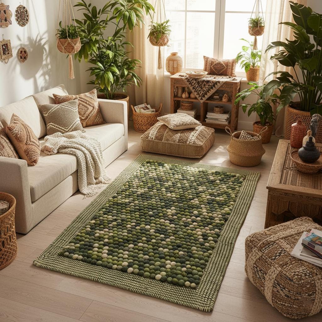 Olive Green Felt Ball Rug – Chunky Wool, Boho Home Decor