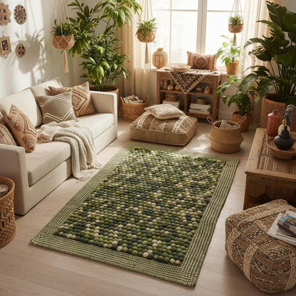 Olive Green Felt Ball Rug – Chunky Wool, Boho Home Decor