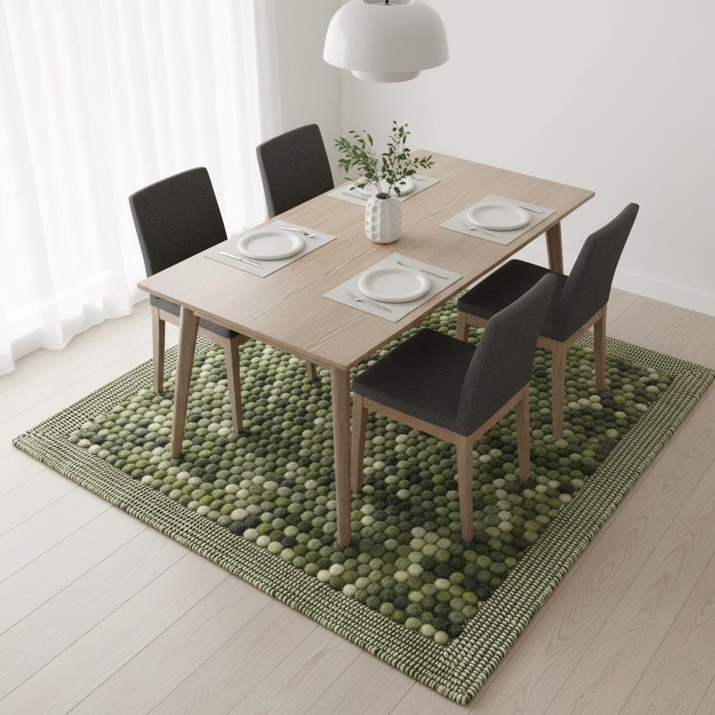 Hand-rolled wool ball rug in olive and cream tones, handmade floor runner for boho minimalist home.