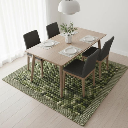 Hand-rolled wool ball rug in olive and cream tones, handmade floor runner for boho minimalist home.