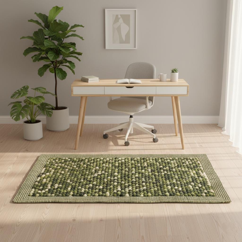 Olive Green Felt Ball Rug – Chunky Wool, Boho Home Decor