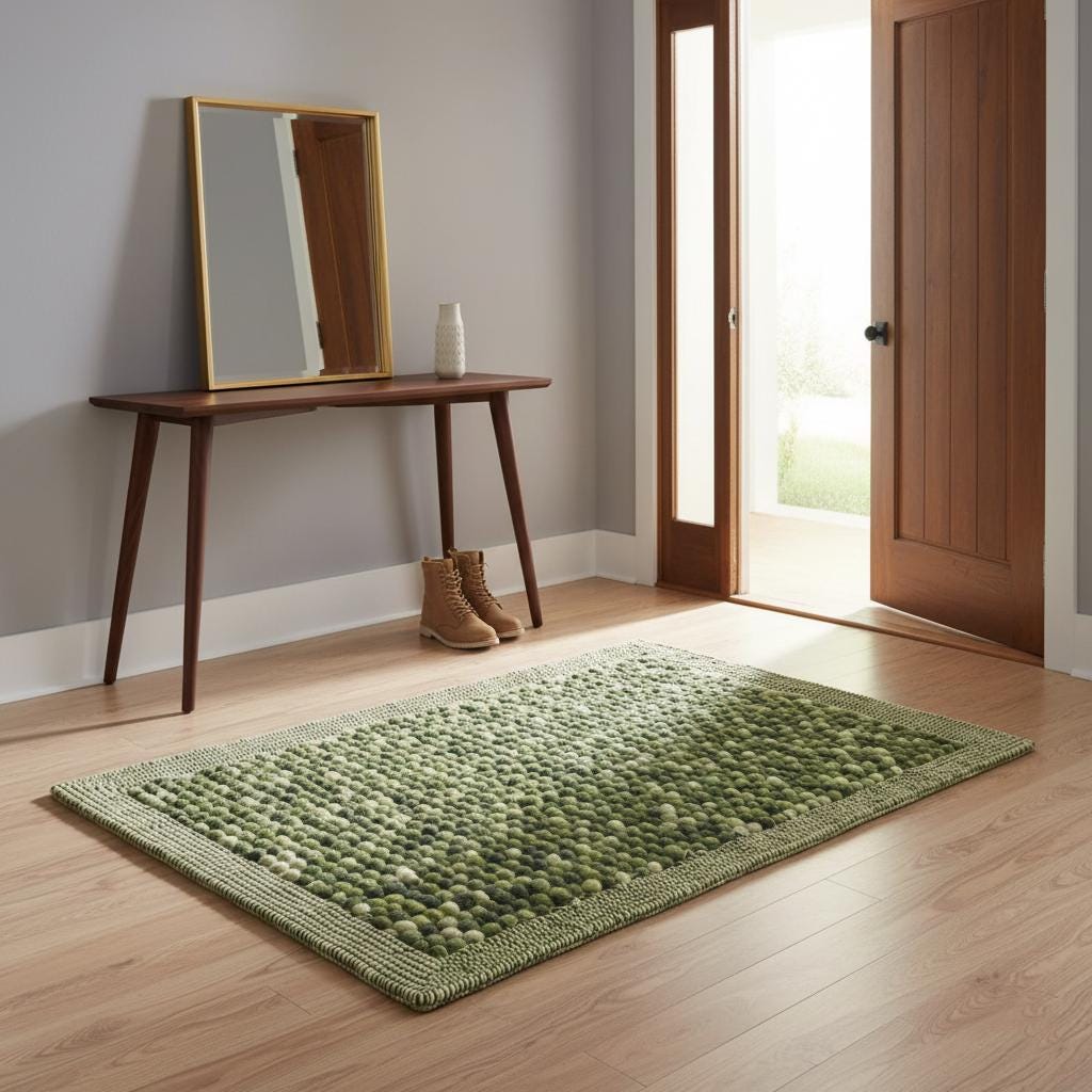 Olive Green Felt Ball Rug – Chunky Wool, Boho Home Decor