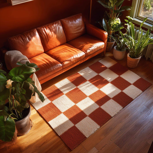 Orange checkerboard rug mid-century modern tufted area carpet in living room