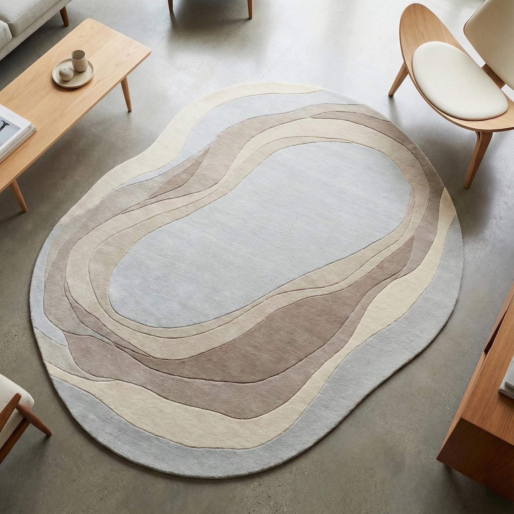 Organic wavy rug with irregular beige cream design for modern minimalist living room decor