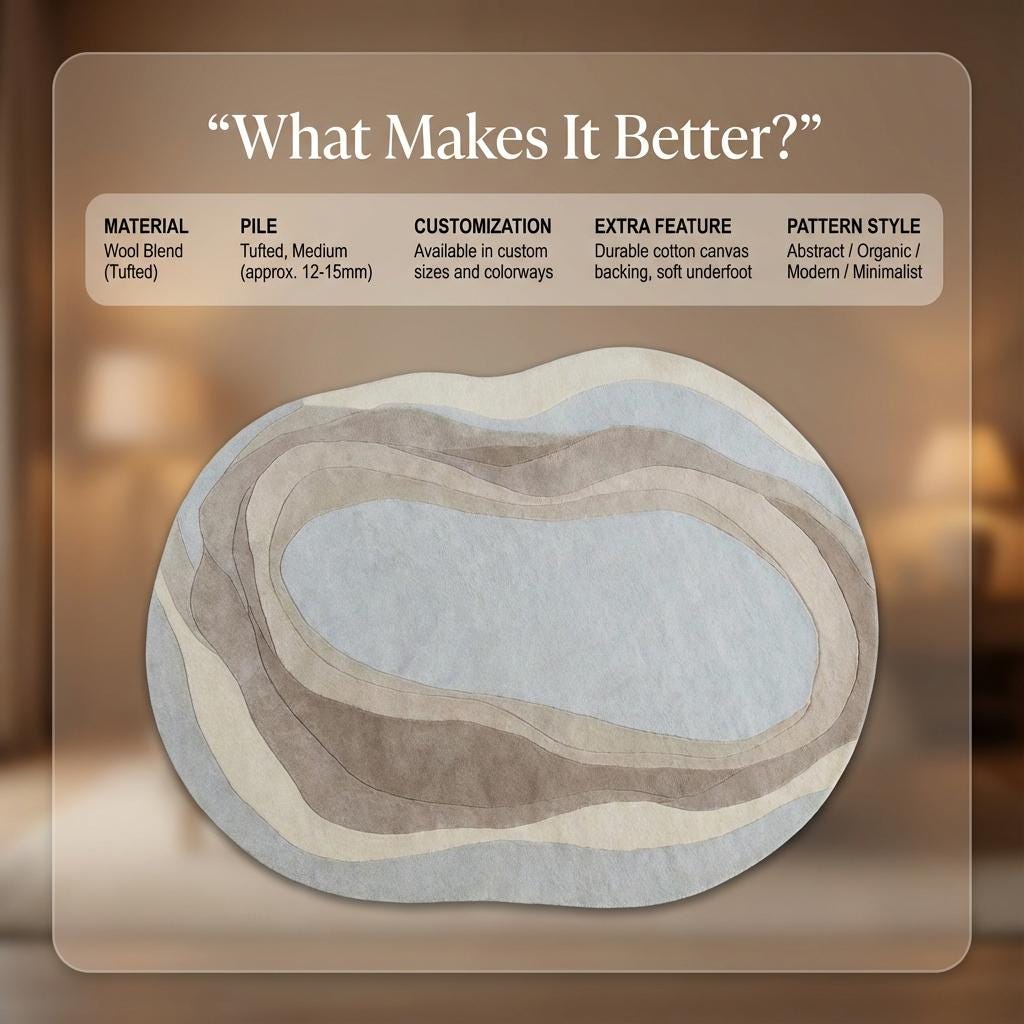 Organic Wavy Area Rug, Irregular Shaped Rug, Neutral Modern Abstract Carpet, Beige Cream Minimalist Living Room Rug, Scandinavian Decor