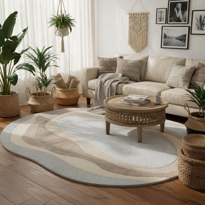 Organic Wavy Area Rug, Irregular Shaped Rug, Neutral Modern Abstract Carpet, Beige Cream Minimalist Living Room Rug, Scandinavian Decor