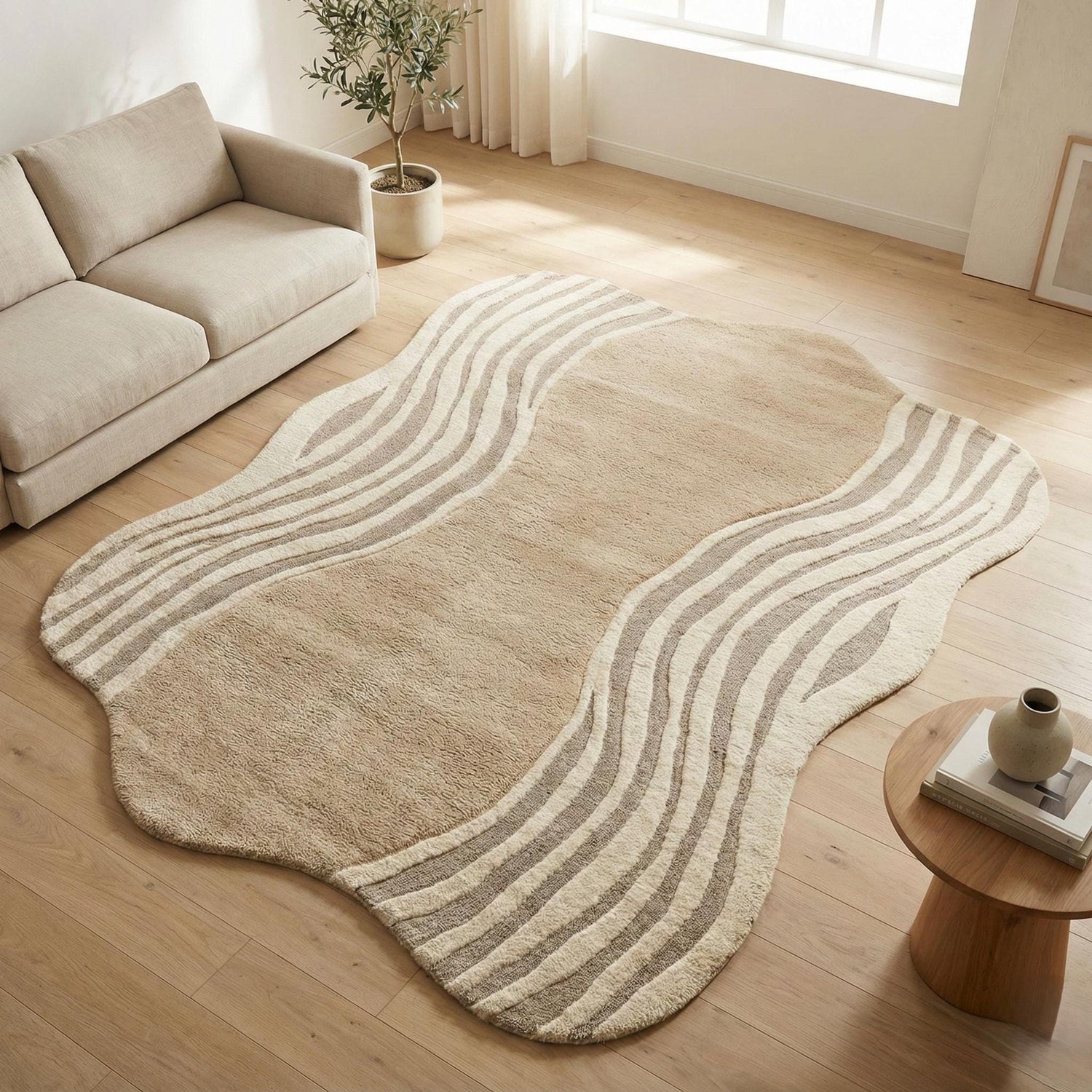 Organic Wavy Rug Beige | Modern Abstract Area Rug | Neutral Aesthetic Carpet | Irregular Shape Living Room Rug | Scandinavian Home Decor