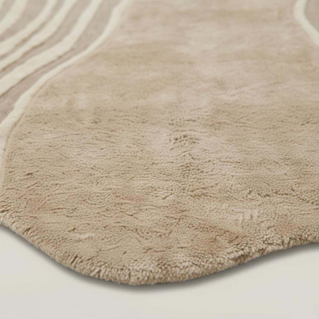 Hand-tufted organic wavy rug in beige with irregular shape and soft plush texture for modern minimalist decor