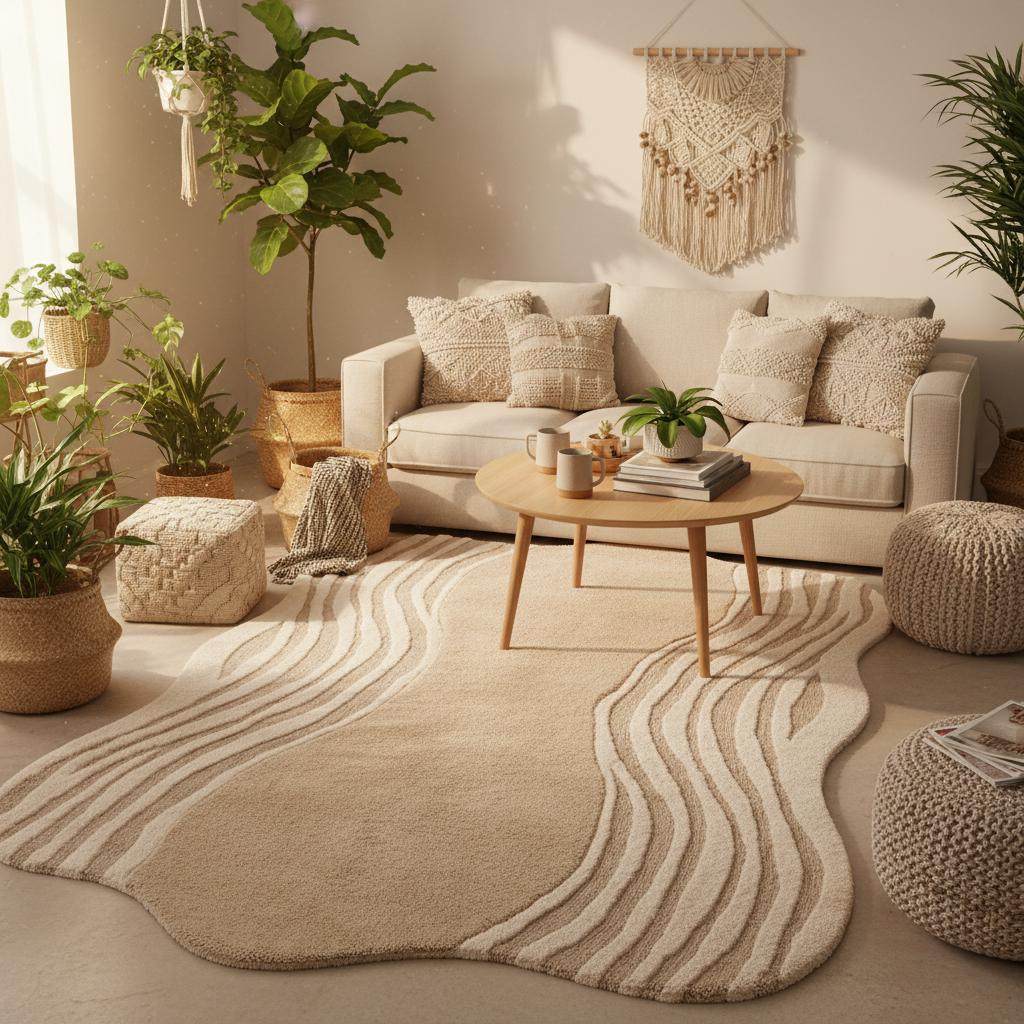 Modern beige Organic Wavy Rug with irregular shape and soft plush texture for minimalist Scandinavian decor