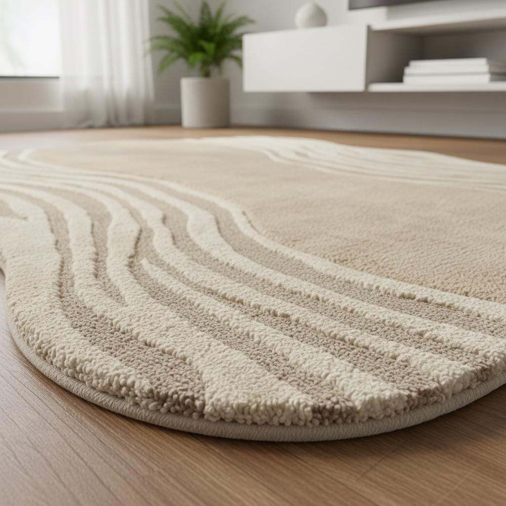 Modern beige Organic Wavy Rug with irregular shape and soft plush texture for minimalist and Scandinavian decor.