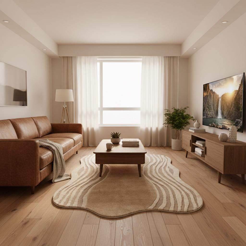 Organic wavy rug with irregular shape and soft plush texture in modern beige for minimalist and Scandinavian decor