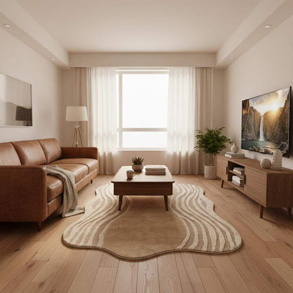Organic wavy rug with irregular shape and soft plush texture in modern beige for minimalist and Scandinavian decor