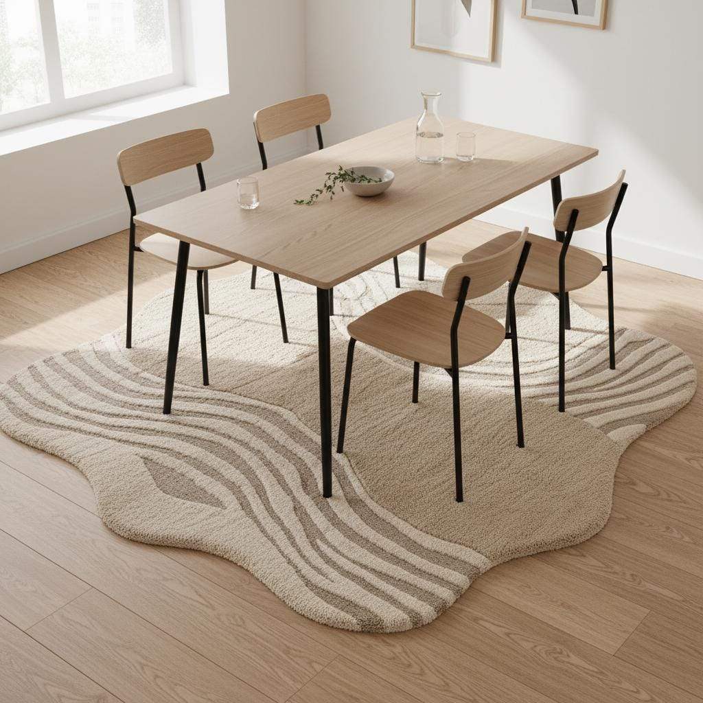 Hand-tufted organic wavy rug in beige with irregular shape and soft plush texture for modern minimalist decor