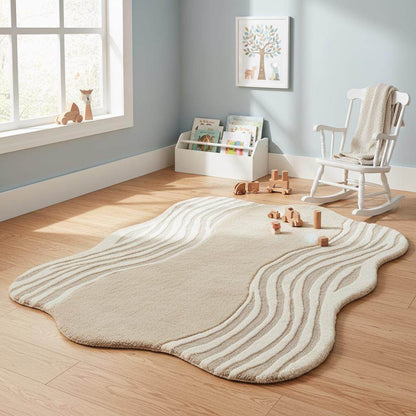 Organic Wavy Rug with irregular shape, beige color, soft plush texture, and modern minimalist design