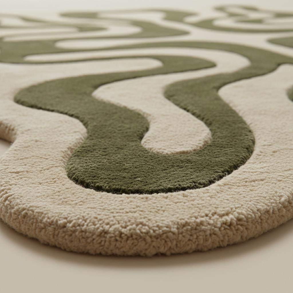 Organic Abstract Green Hand Tufted Rug, Modern Wavy Shape Area Rug, Contemporary Sculpted Living Room Carpet