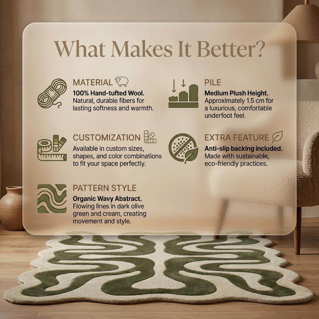 Organic Abstract Green Hand Tufted Rug, Modern Wavy Shape Area Rug, Contemporary Sculpted Living Room Carpet