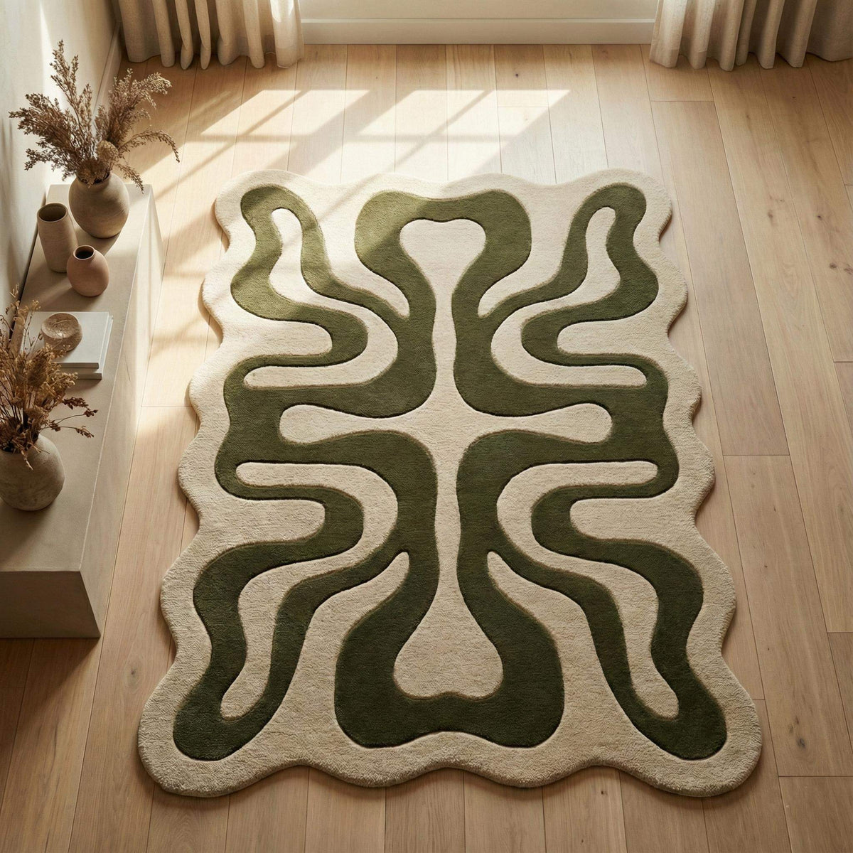 Organic abstract hand tufted rug with green wavy sculpted design for modern living rooms