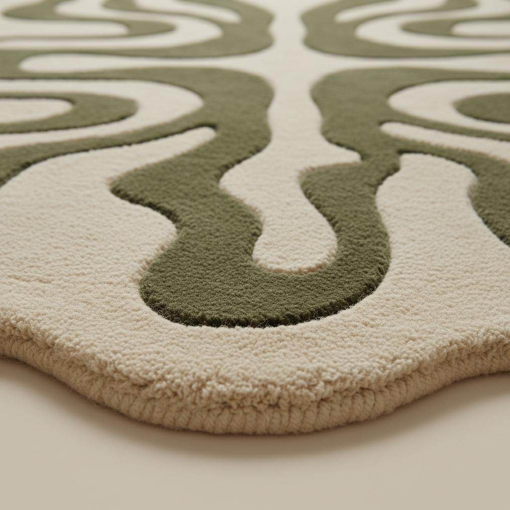 Close-up of hand tufted wool rug showing plush pile texture, carved sage green lines, and soft ivory base