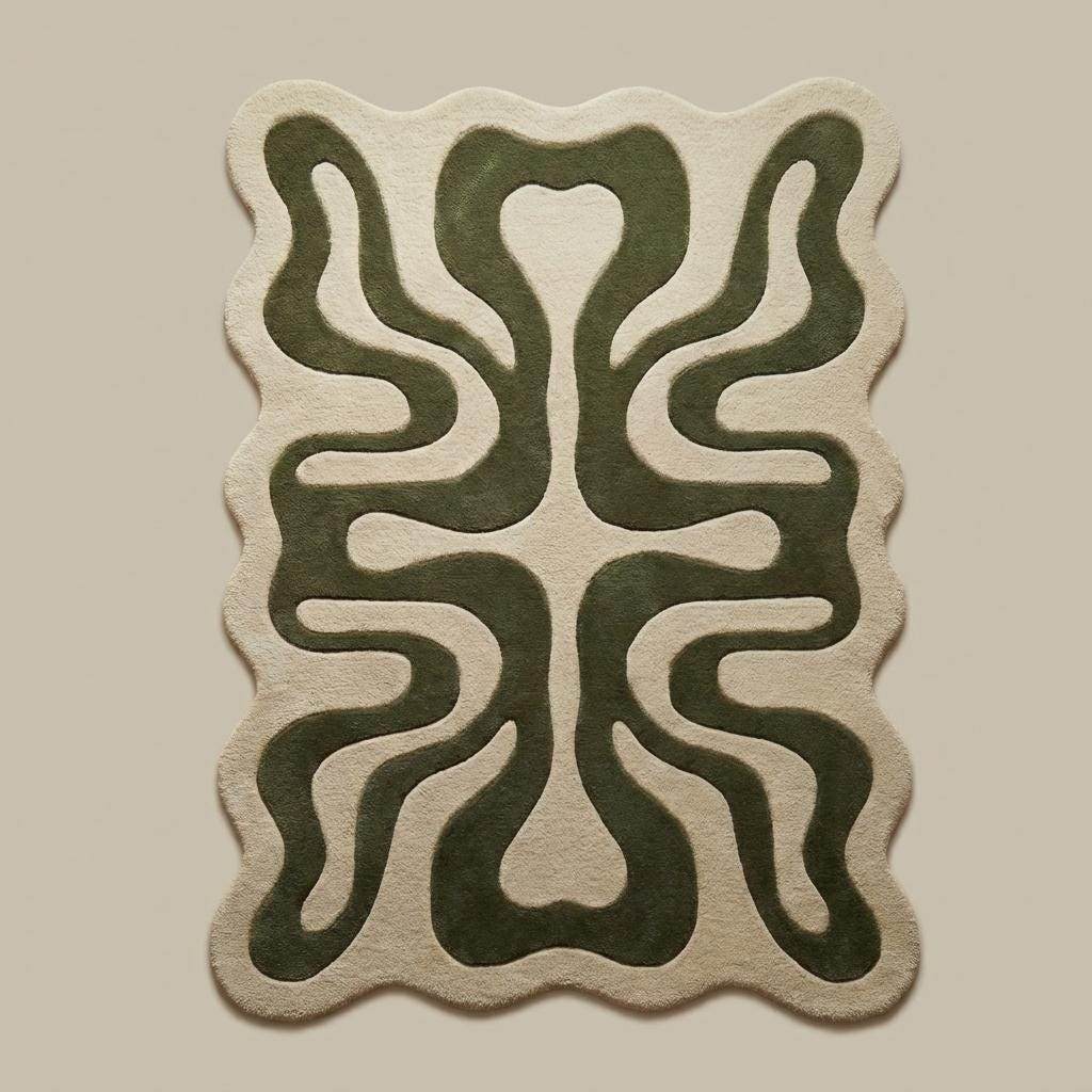 Irregular organic shaped rug featuring flowing abstract curves in sage green and warm neutral tones